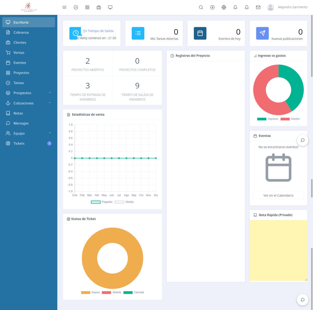 Panel de un CRM administrativo con cobranza